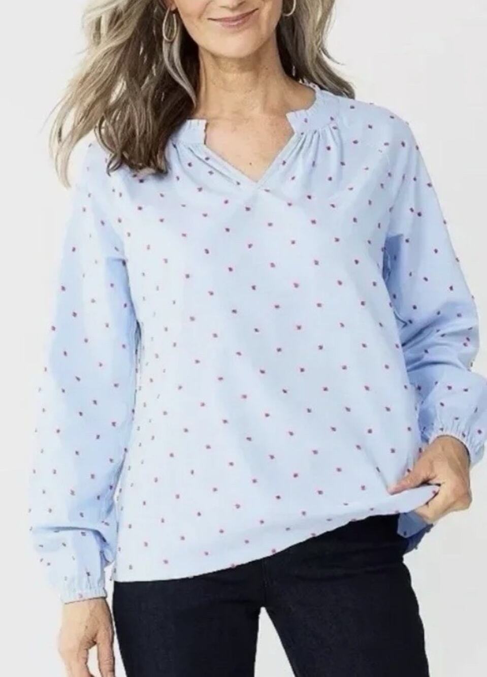 Croft & Barrow Popover Blouse Blue Pink Dot Cotton Poplin LS Split Neck XL